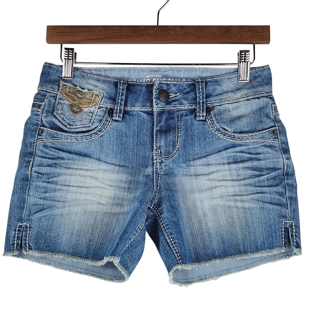 Mossimo Womens Cut-Off Denim Jean Shorts W26 Light Wash Embroidered Pockets
